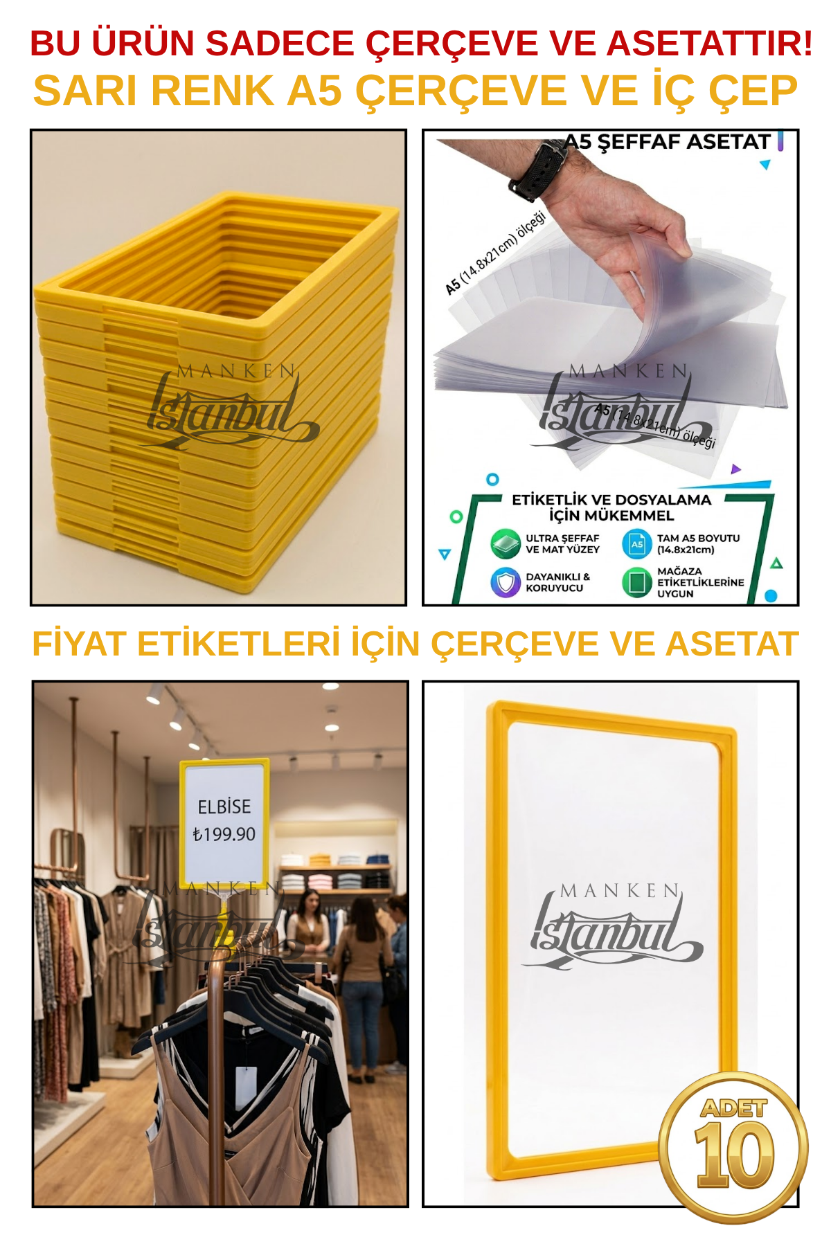 10 Adet A5 Fiyat Etiketi Çerçeve ve Asetat (MANDALSIZ) SARI