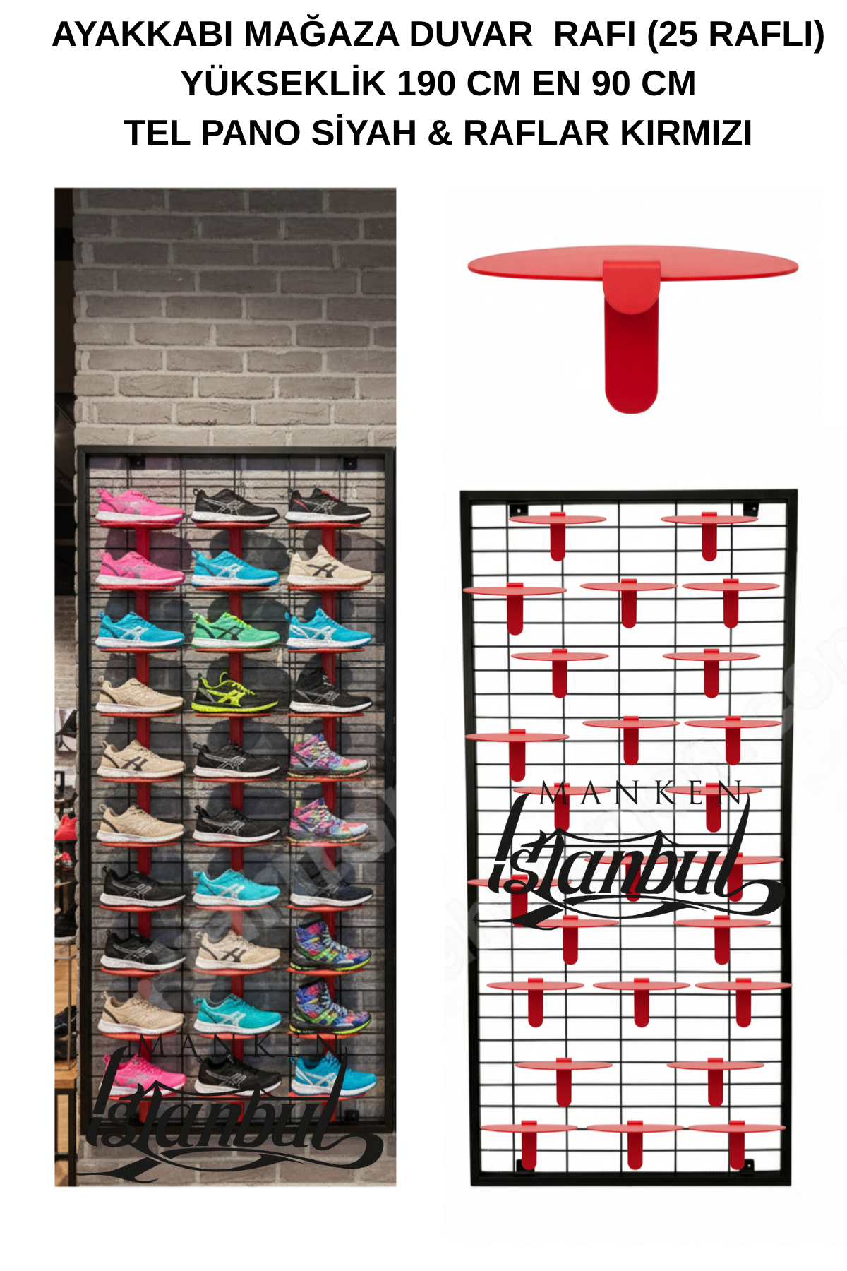 90x190- 25 adet Ayakkabı Raflı Duvara Monte Tel Pano Standı