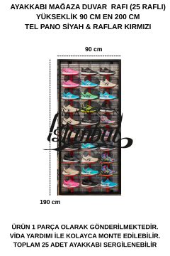 90x190- 25 adet Ayakkabı Raflı Duvara Monte Tel Pano Standı