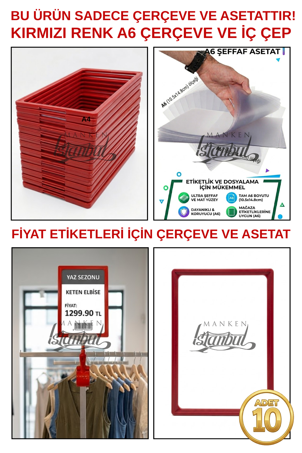 10 Adet A6 Fiyat Etiketi Çerçeve ve Asetat (MANDALSIZ) KIRMIZI