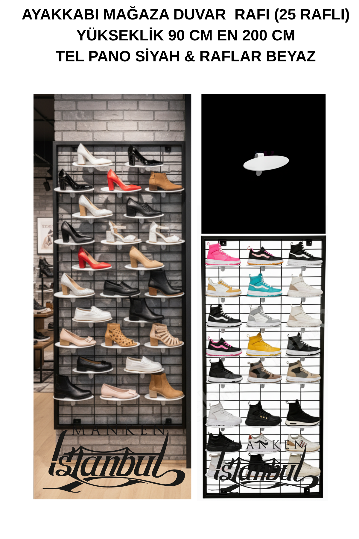 90x190- 25 adet Ayakkabı Raflı Duvara Monte Tel Pano Standı