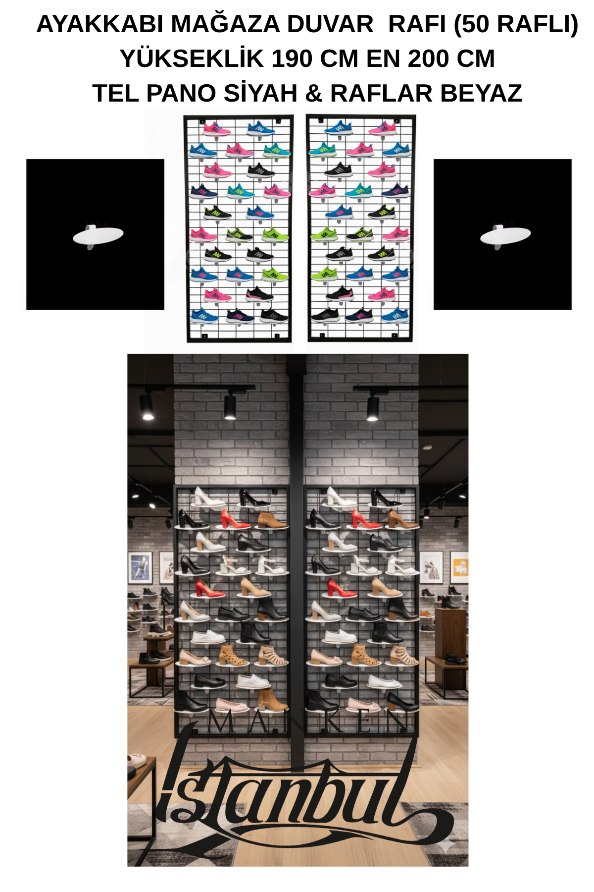 190x200- 50 adet Ayakkabı Raflı Duvara Monte Tel Pano Standı
