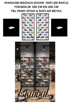 190x200- 50 adet Ayakkabı Raflı Duvara Monte Tel Pano Standı