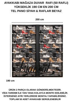 190x200- 50 adet Ayakkabı Raflı Duvara Monte Tel Pano Standı