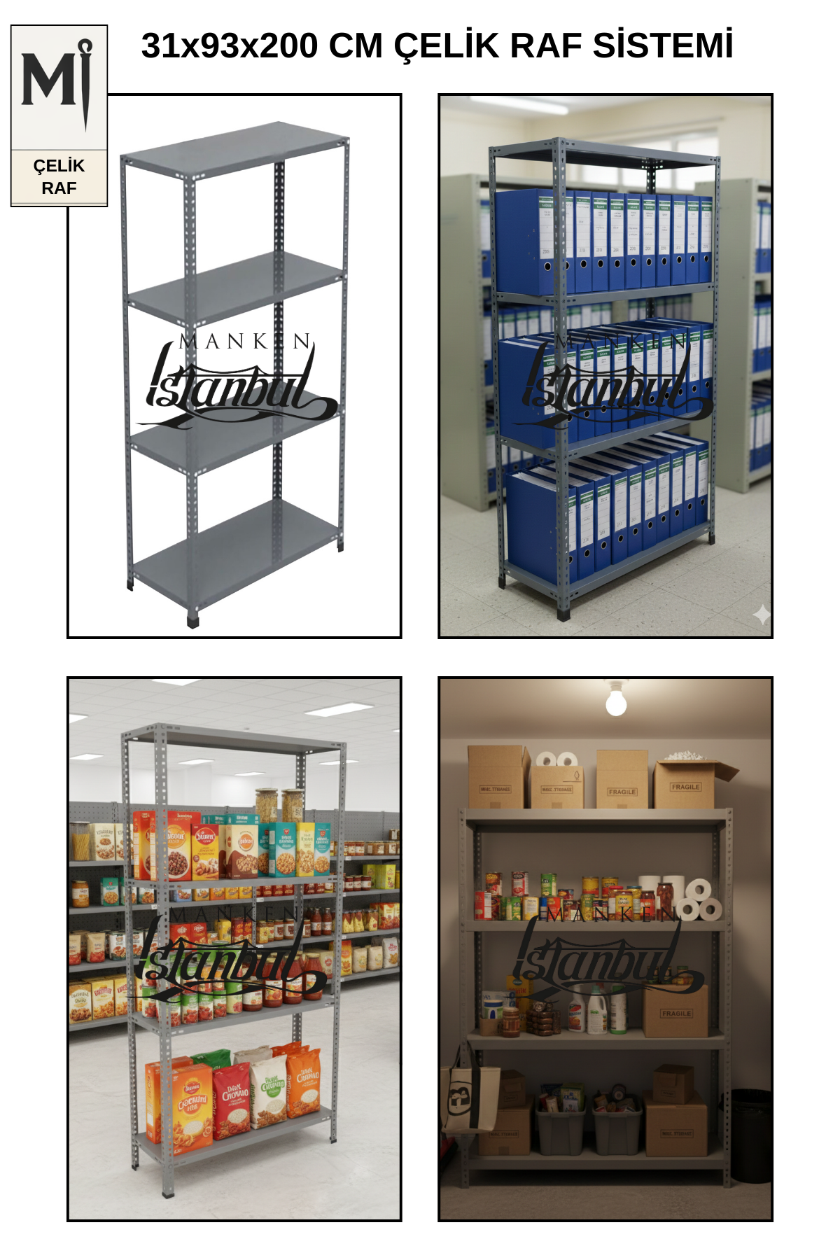 31x93x200 Çelik Raf | Civatalı Metal Depo Rafı | 4 Kat