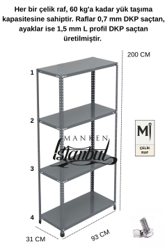 31x93x200 Çelik Raf | Civatalı Metal Depo Rafı | 4 Kat