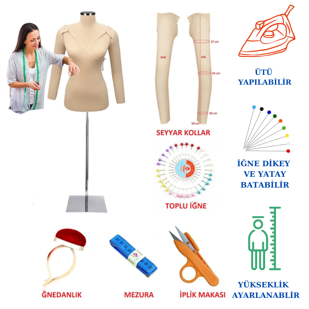 Dikiş Setli Seyyar Kollu İğne Batan Terzi Prova Mankeni