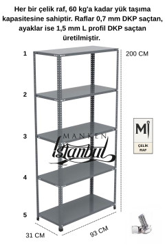31x93x200 Çelik Raf | Civatalı Metal Depo Rafı | 5 Kat