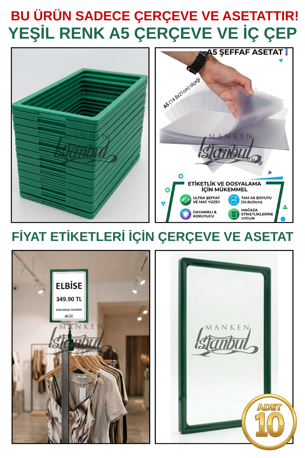10 Adet A5 Fiyat Etiketi Çerçeve ve Asetat (MANDALSIZ) YEŞİL