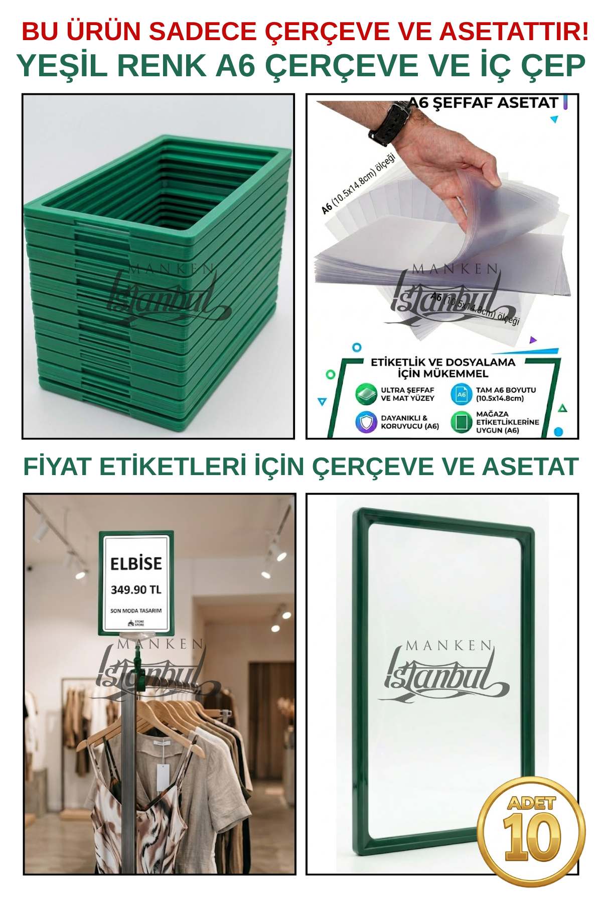 10 Adet A6 Fiyat Etiketi Çerçeve ve Asetat (MANDALSIZ) YEŞİL