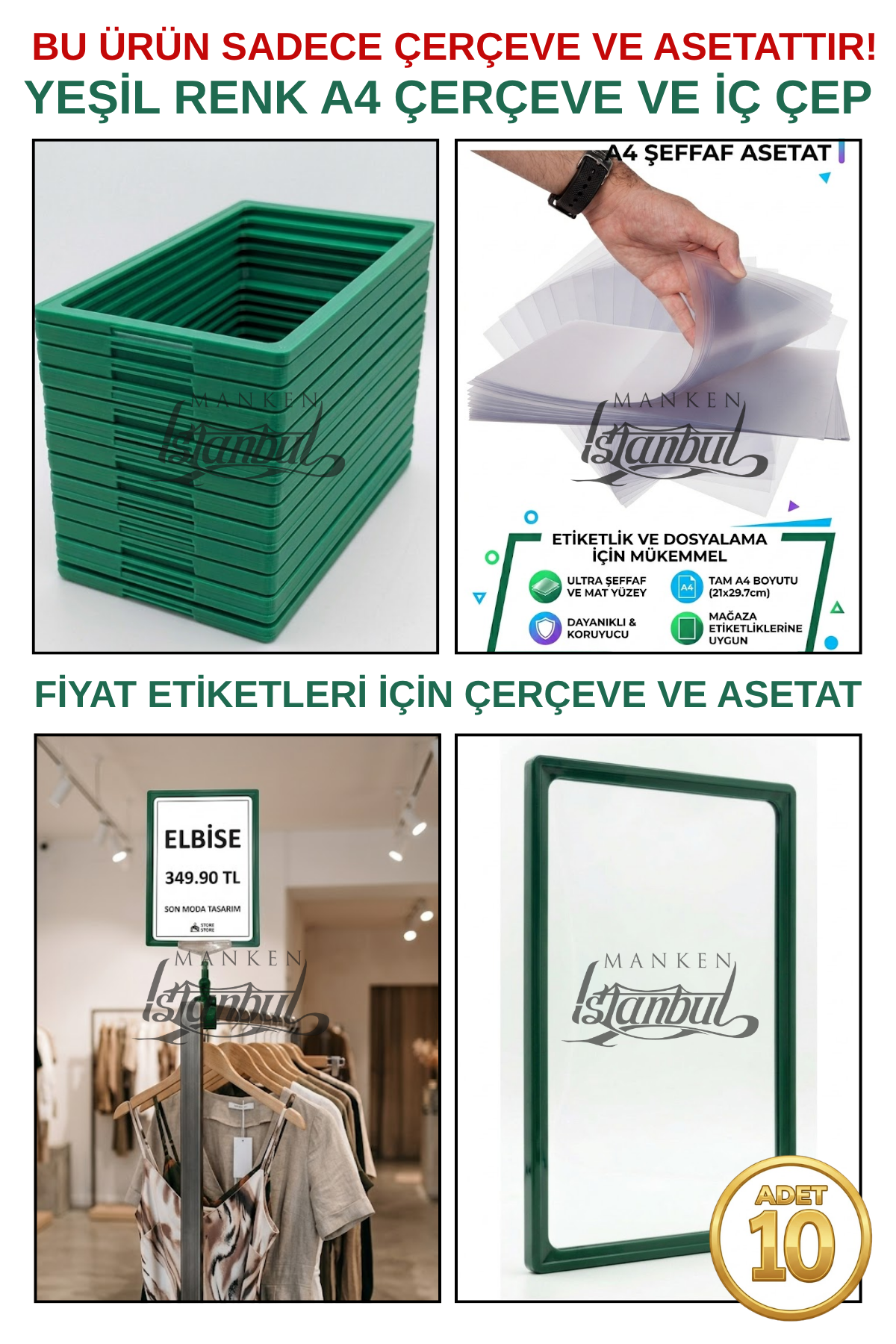 10 Adet A4 Fiyat Etiketi Çerçeve ve Asetat (MANDALSIZ) YEŞİL