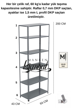 43x93x200 Çelik Raf | Civatalı Metal Depo Rafı | 6 Kat