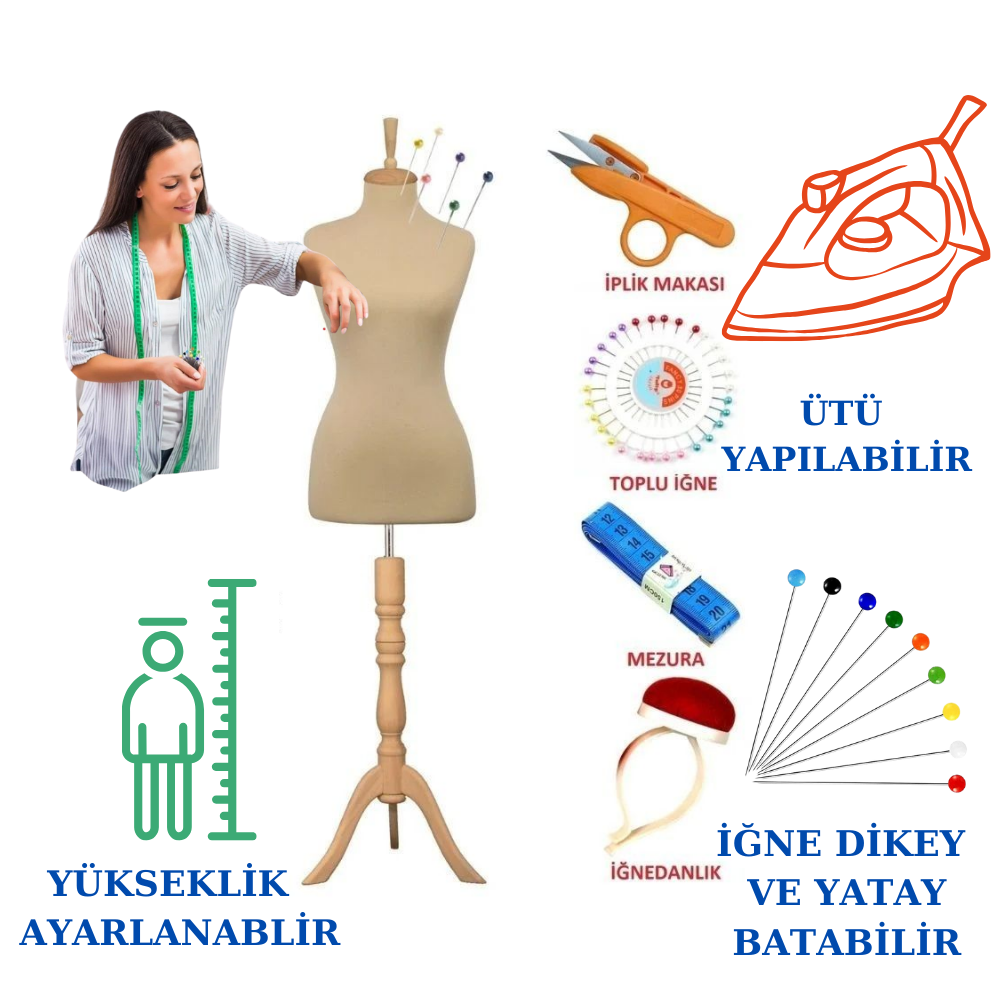 Dikiş Setli Seyyar Kollu İğne Batabilen Terzi Mankeni Prova Mankeni