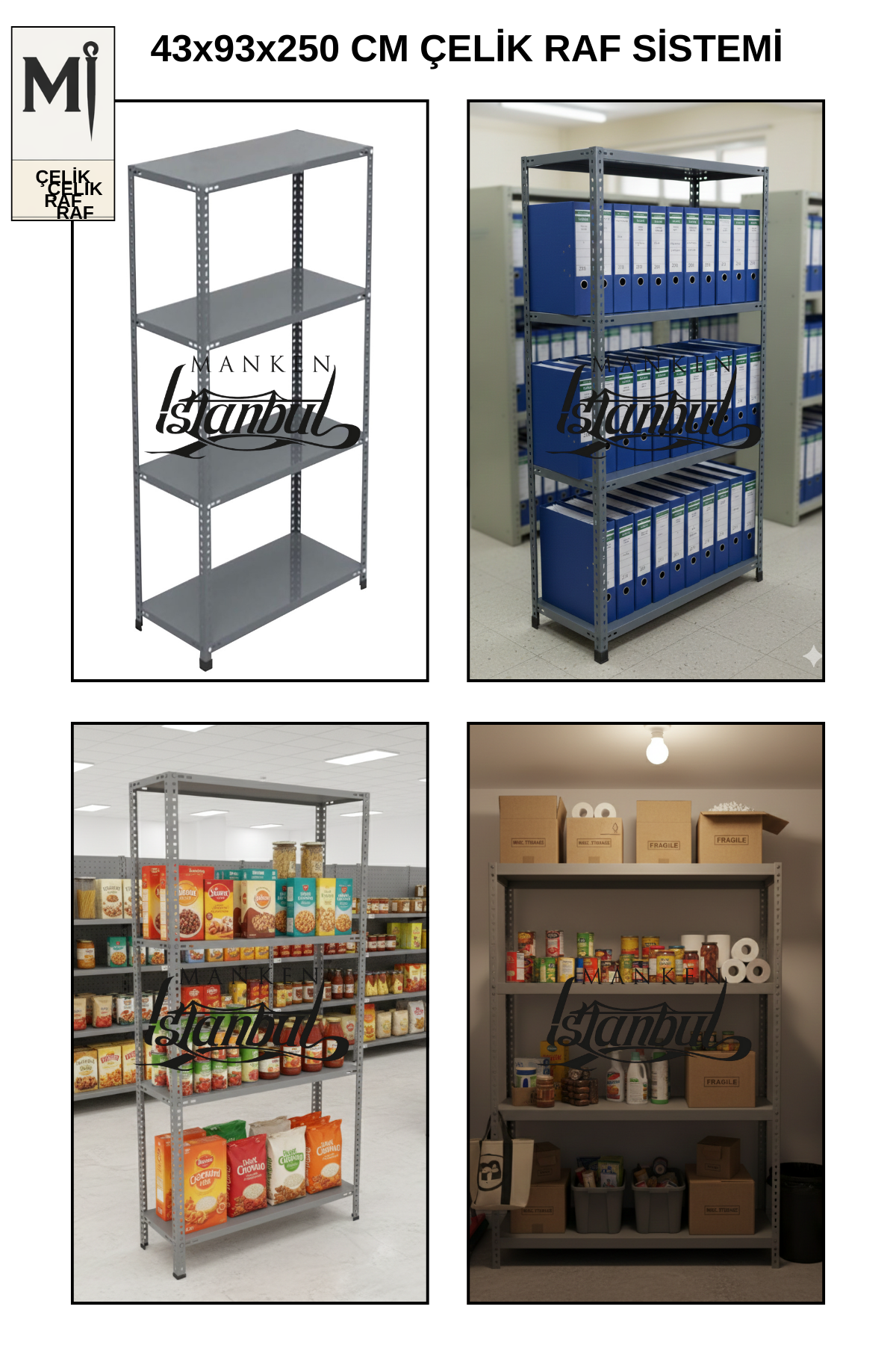 43x93x250 Çelik Raf | Civatalı Metal Depo Rafı | 4 Kat