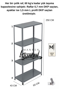 43x93x250 Çelik Raf | Civatalı Metal Depo Rafı | 4 Kat