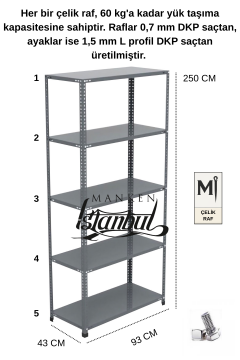 43x93x250 Çelik Raf | Civatalı Metal Depo Rafı | 5 Kat
