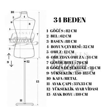 Ten Rengi İğne Batabilen Terzi Mankeni 34-46 34 beden
