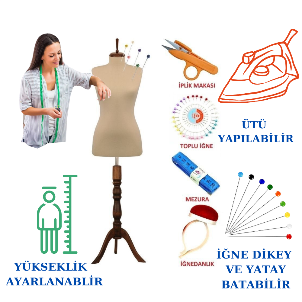 Dikiş Setli Seyyar Kollu İğne Batabilen Terzi Mankeni Prova Mankeni