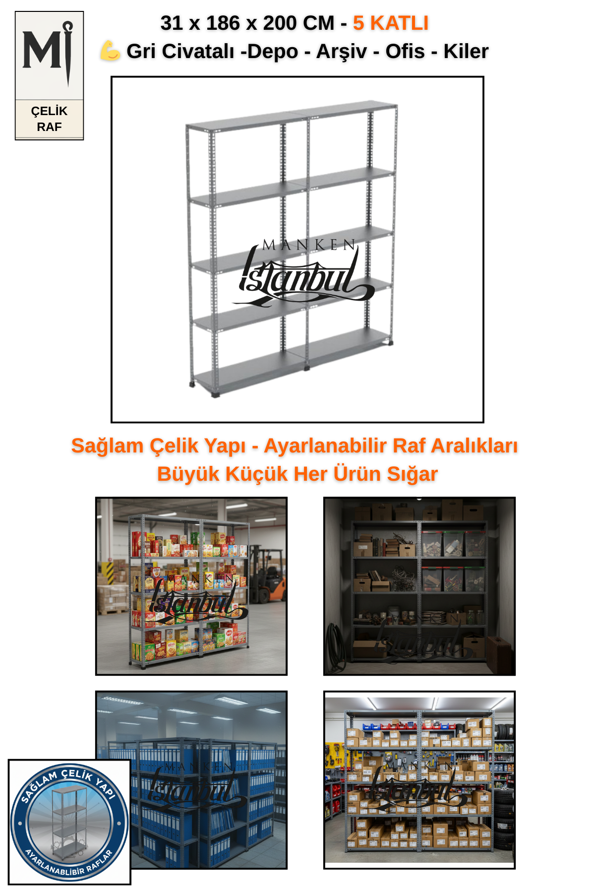 31x186x200 Çelik Raf | Civatalı Metal Depo Rafı | 5 Kat