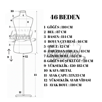 Özel Jardonlu Ten Rengi İğne Batabilen Terzi Mankeni 34-46 Beden Arası 46 beden