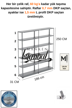 31x186x250 Çelik Raf | Civatalı Metal Depo Rafı | 6 Kat