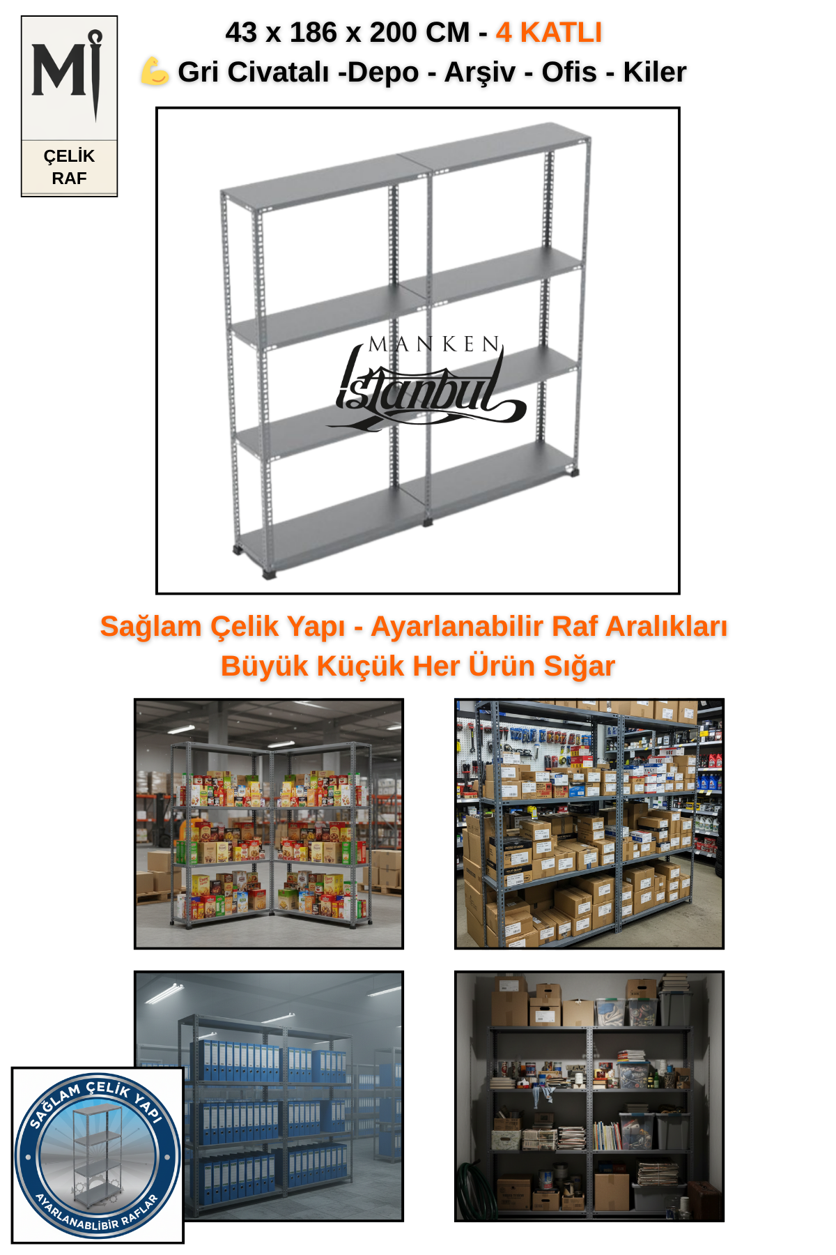 43x186x200 Çelik Raf | Civatalı Metal Depo Rafı | 4 Kat