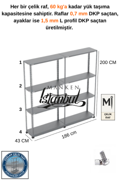 43x186x200 Çelik Raf | Civatalı Metal Depo Rafı | 4 Kat