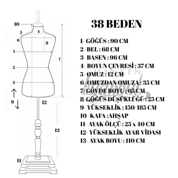 360° Elektrikli Döner Stantlı Vitrin Mankeni Terzi Mankeni 38 beden