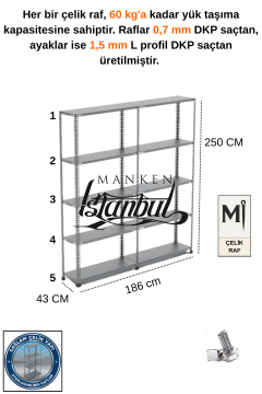 43x186x250 Çelik Raf | Civatalı Metal Depo Rafı | 5 Kat