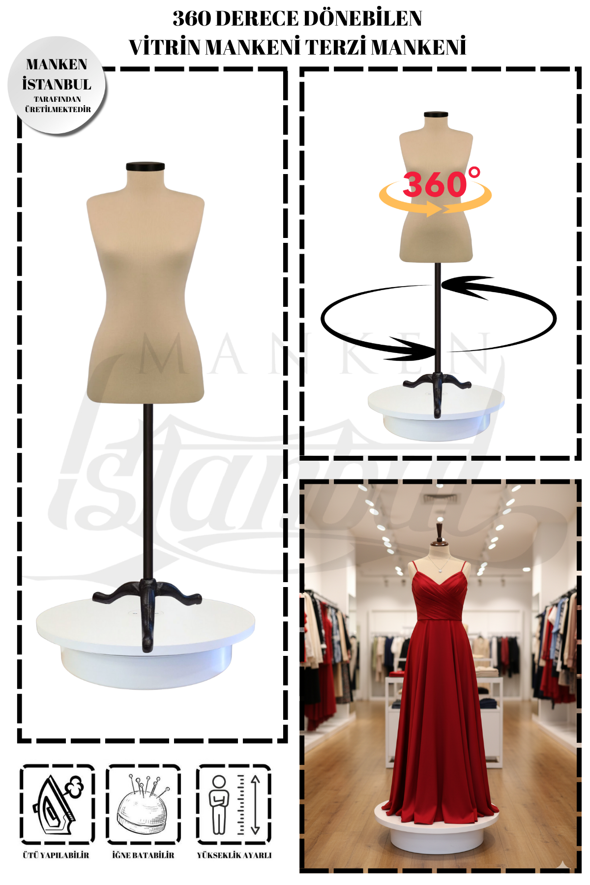 360° Elektrikli Döner Stantlı Vitrin Mankeni Terzi Mankeni