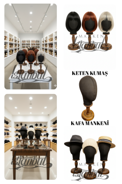 Bayan ahşap standlı kumaş kaplı kafa mankeni