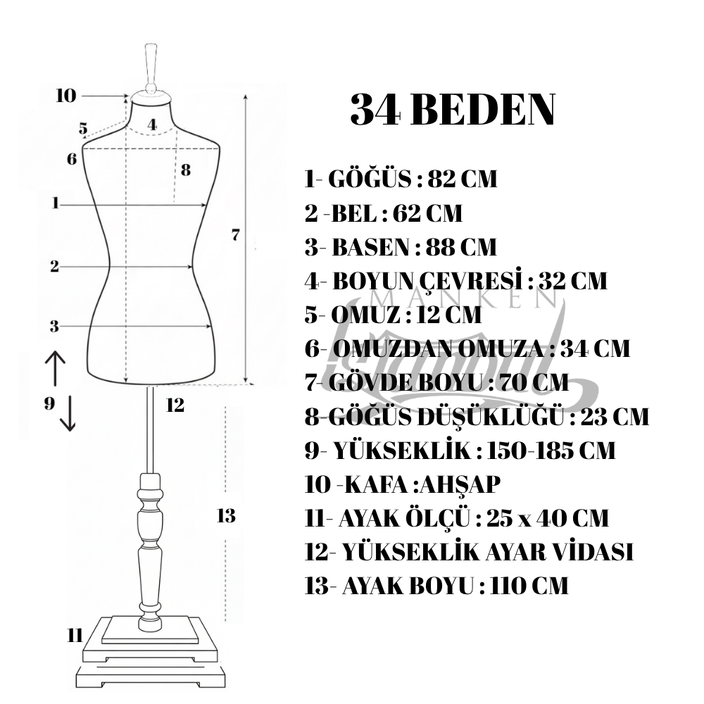 360° Elektrikli Döner Stantlı Vitrin Mankeni Terzi Mankeni 34 beden