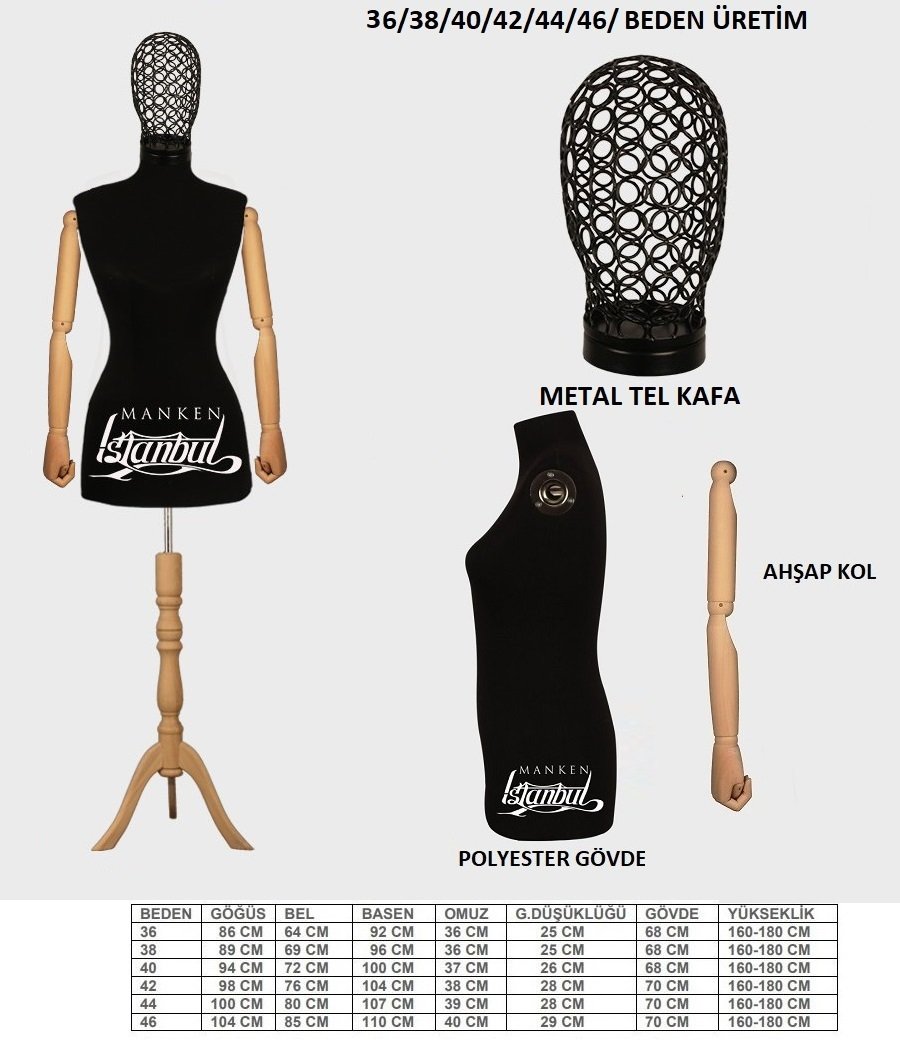 Tel Kafalı Ahşap Kollu Terzi Mankeni Vitrin Mankeni