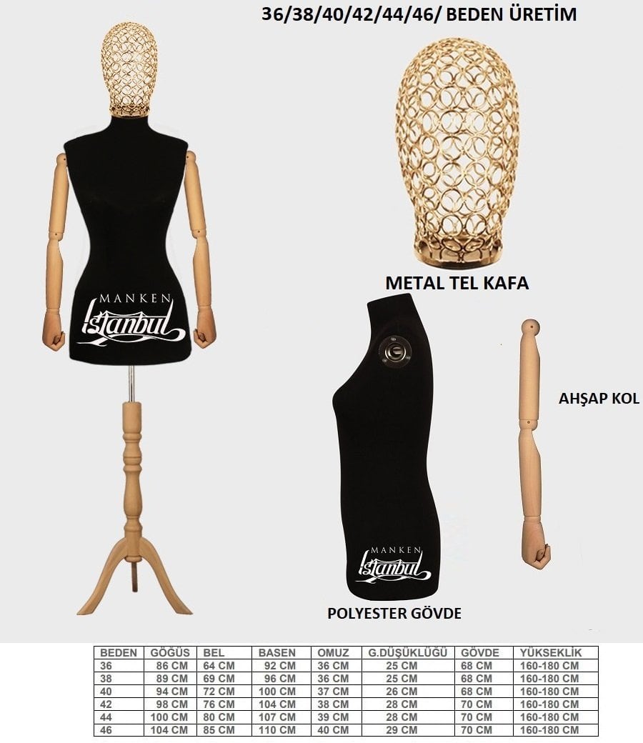 Tel Kafalı Ahşap Kollu Terzi Mankeni Vitrin Mankeni