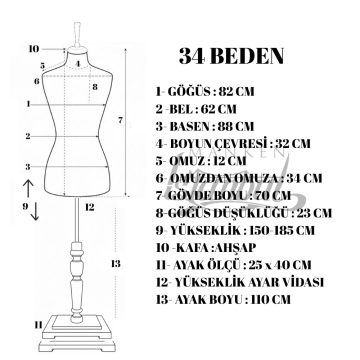 Dikiş Setli Ahşap Ayak Süngerli İğne Batabilen Terzi Mankeni 34 beden