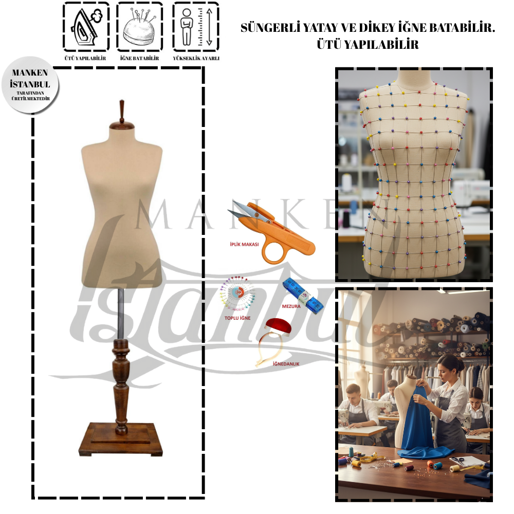 Dikiş Setli Ahşap Ayak Süngerli İğne Batabilen Terzi Mankeni 34 beden