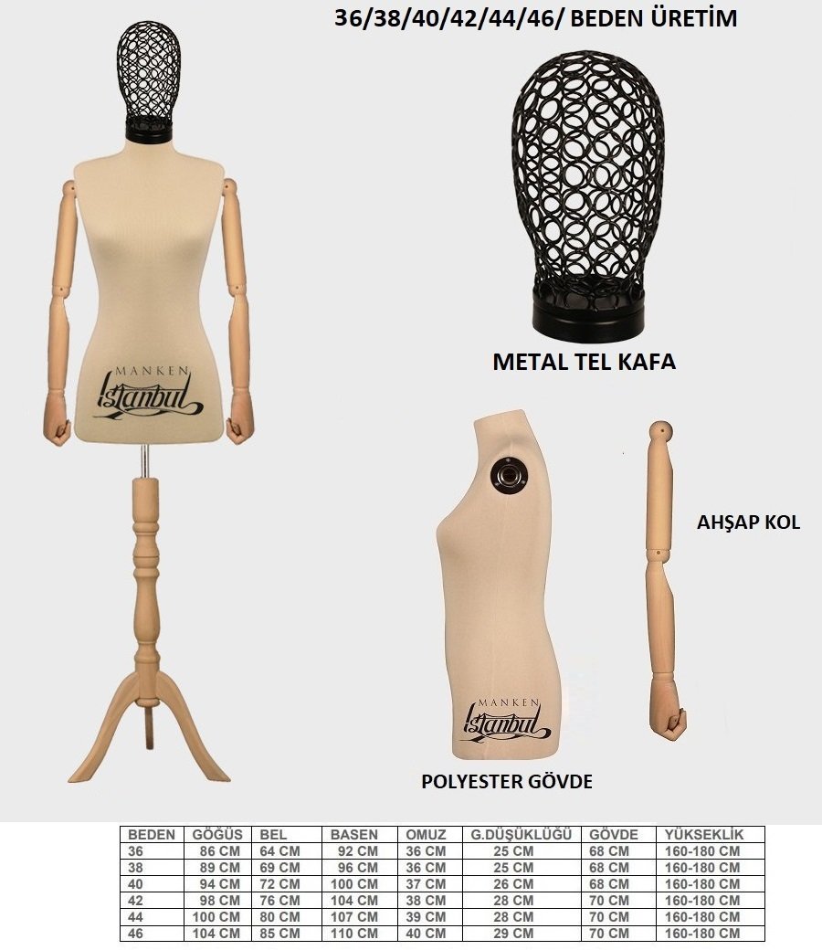 Tel Kafalı Ahşap Kollu Terzi Mankeni Vitrin Mankeni