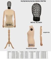 Tel Kafalı Ahşap Kollu Terzi Mankeni Vitrin Mankeni