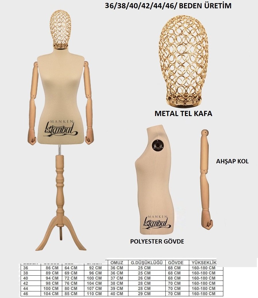 Tel Kafalı Ahşap Kollu Terzi Mankeni Vitrin Mankeni