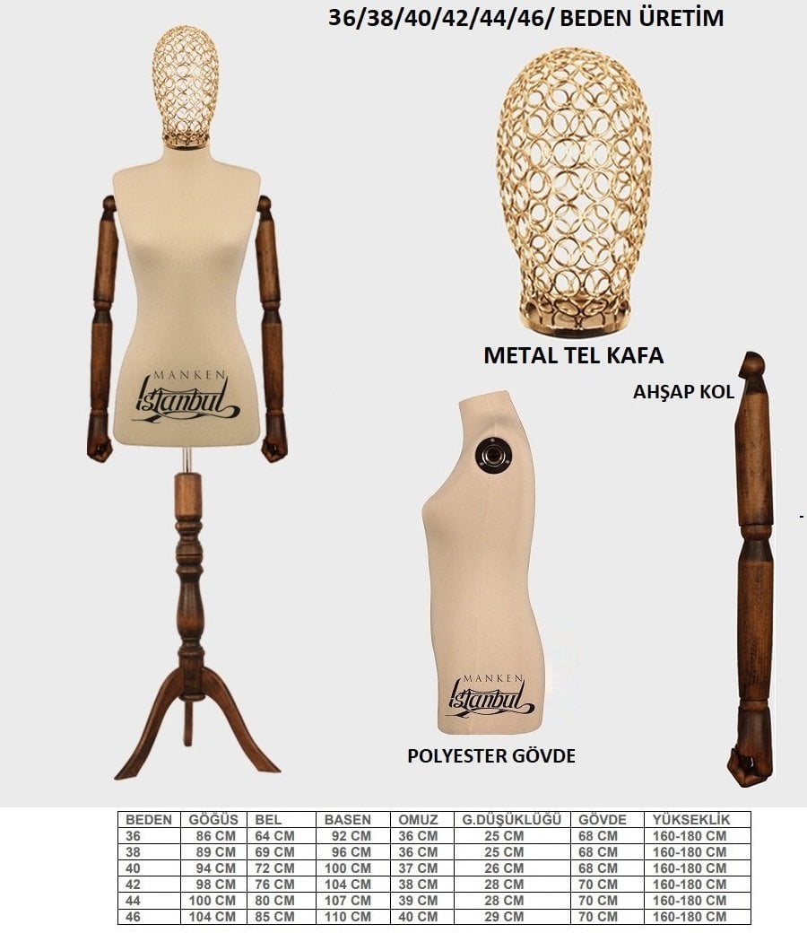 Tel Kafalı Ahşap Kollu Terzi Mankeni Vitrin Mankeni