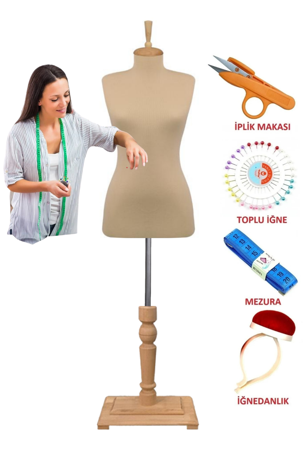 Dikiş Setli Özel Ahşap Ayaklı Süngerli İğne Batabilen Terzi Mankeni