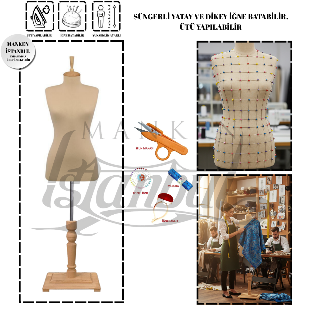 Dikiş Setli Ahşap Ayak Süngerli İğne Batabilen Terzi Mankeni