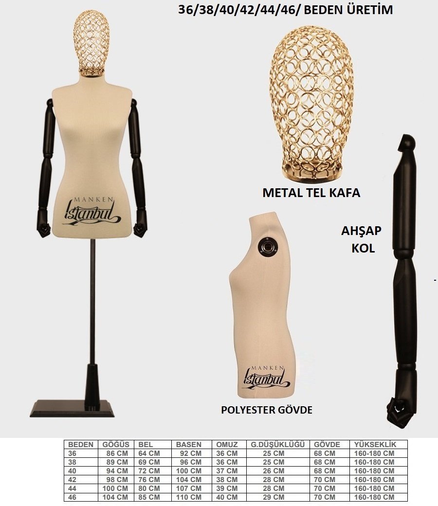 Tel Kafalı Ahşap Kollu Terzi Mankeni Vitrin Mankeni