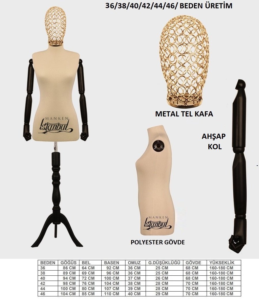 Tel Kafalı Ahşap Kollu Terzi Mankeni Vitrin Mankeni