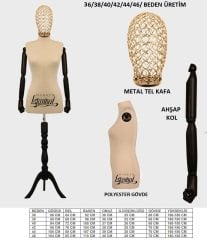 Tel Kafalı Ahşap Kollu Terzi Mankeni Vitrin Mankeni