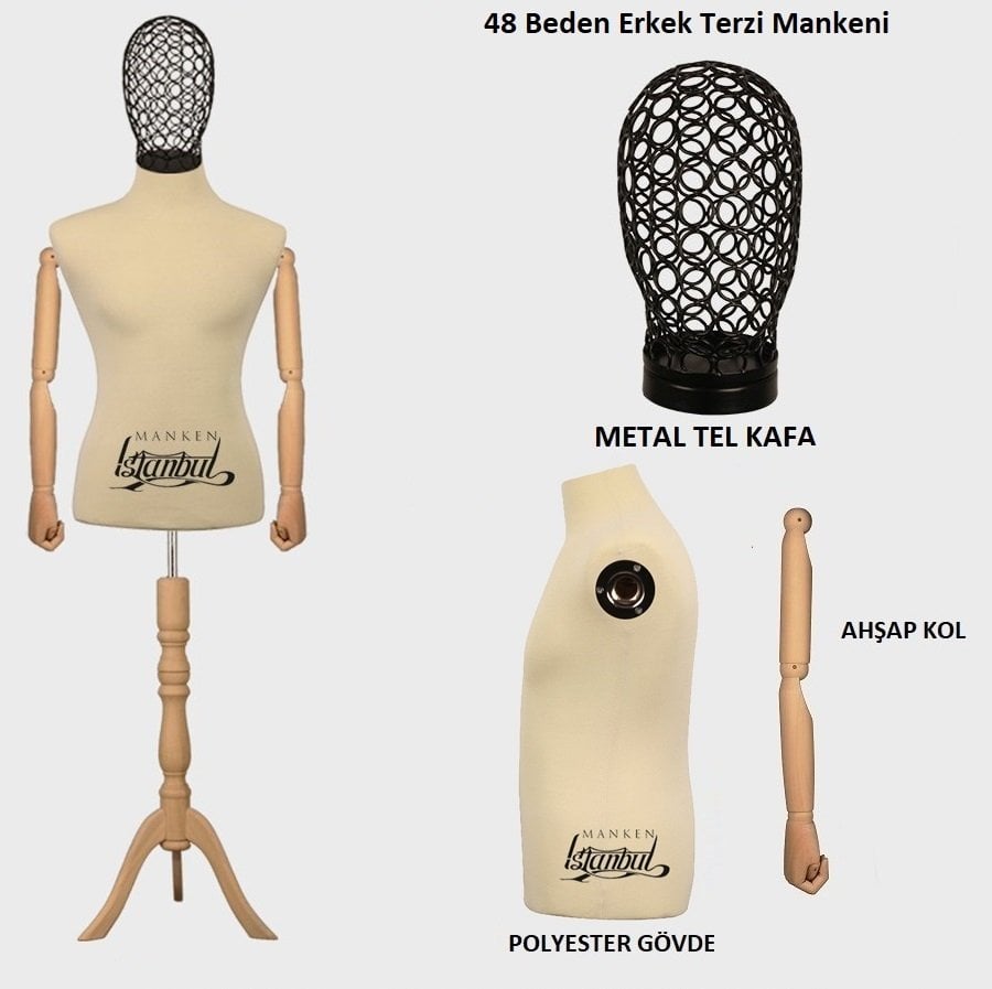 Erkek Tel Kafalı Ahşap Kollu Terzi Mankeni Vitrin Mankeni