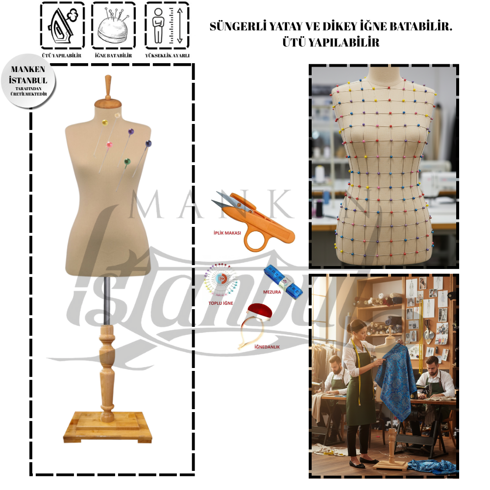Dikiş Setli Ahşap Ayak Süngerli İğne Batabilen Terzi Mankeni