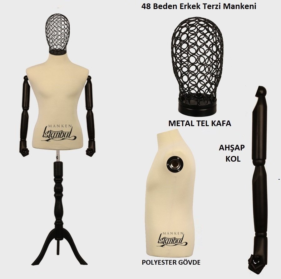 Erkek Tel Kafalı Ahşap Kollu Terzi Mankeni Vitrin Mankeni