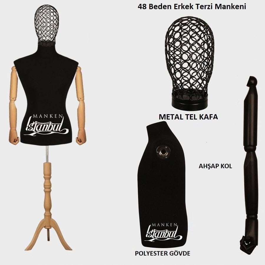 Erkek Tel Kafalı Ahşap Kollu Terzi Mankeni Vitrin Mankeni