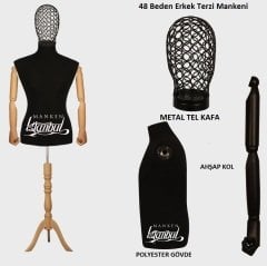 Erkek Tel Kafalı Ahşap Kollu Terzi Mankeni Vitrin Mankeni